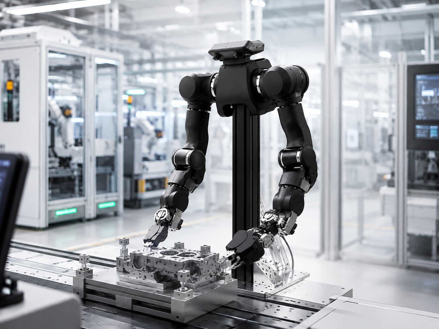 Dual-arm robot cell handling a machined part